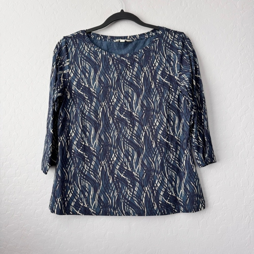 Seasalt Cornwall US 10 Petite Easel Top Blue 3/4 Sleeve Abstract Organic Cotton
